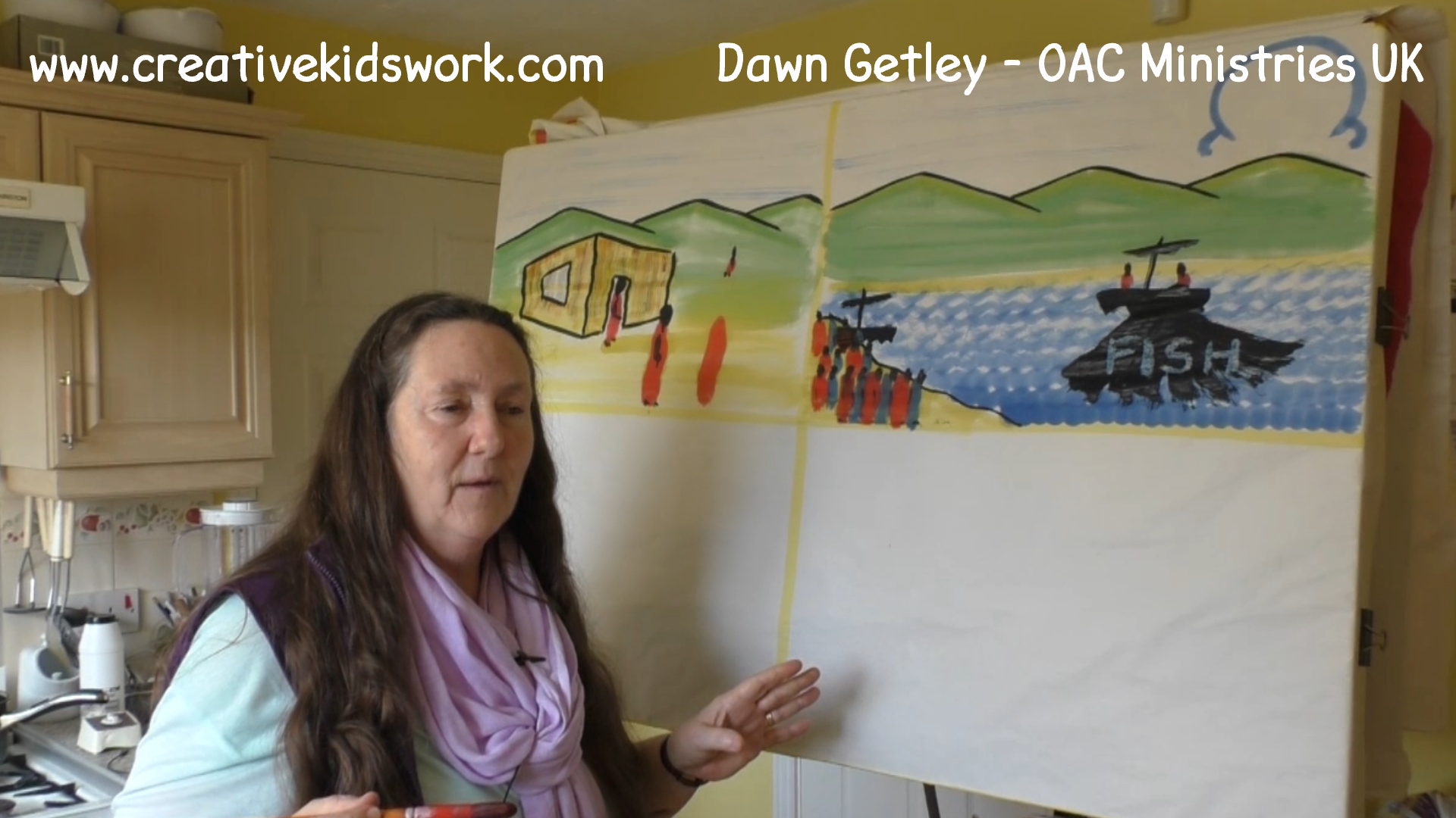 Dawn Getley demonstrates how to paint a general landscape with a house in it on a sketch board painting
